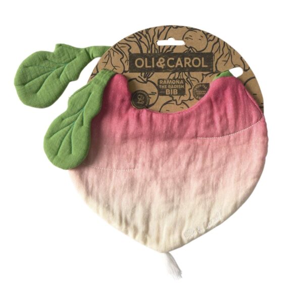 Babero para bebé con diseño de rábano . Perfecto para evitar manchas durante comidas en sus primeros meses. Un básico práctico con un toque divertido.