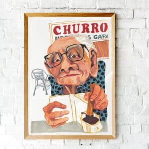 Ilustración artística de un hombre con un churro, lámina decorativa estilo vintage.