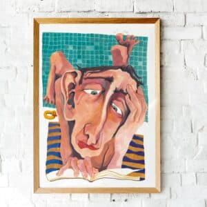 Ilustración artística de un hombre leyendo en una piscina, lámina decorativa estilo vintage.