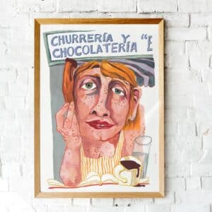 Ilustración artística de una mujer con un churro, bajo el rótulo “Churrería y Chocolatería”, lámina decorativa estilo vintage.