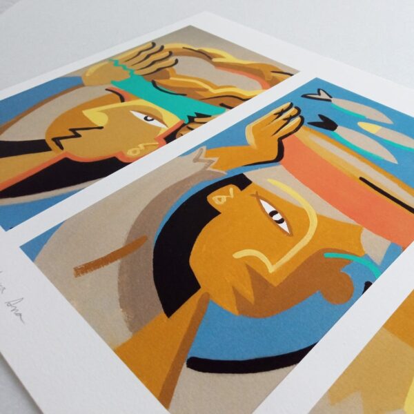 Láminas ilustradas Cesteiras guerrilleiras de Alejandro Mosquera. Arte contemporáneo inspirado en las mujeres gallegas y sus oficios tradicionales. Ilustración con identidad.