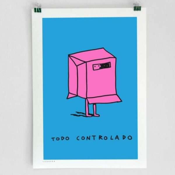 Lámina Todo controlado, es una ilustración con mucha ironía. Se representa una persona dentro de una cja de cartón.