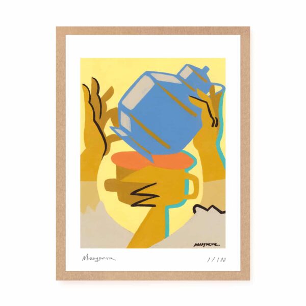 Láminas ilustradas de una mujer con una cesta con un botijo en la cabeza. Ilustrada por Alejandro Mosquera. Arte contemporáneo inspirado en las mujeres gallegas y sus oficios tradicionales. Ilustración con identidad.