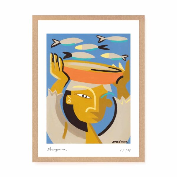 Láminas ilustradas de una mujer con una cesta con peces en la cabeza. Ilustrada por Alejandro Mosquera. Arte contemporáneo inspirado en las mujeres gallegas y sus oficios tradicionales. Ilustración con identidad.
