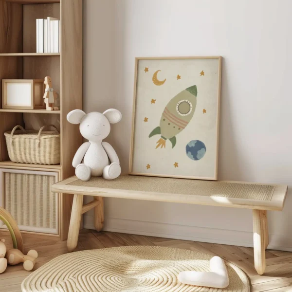 Lámina infantil “Cohete” en tamaño A3, con colores vibrantes y estilo fresco.