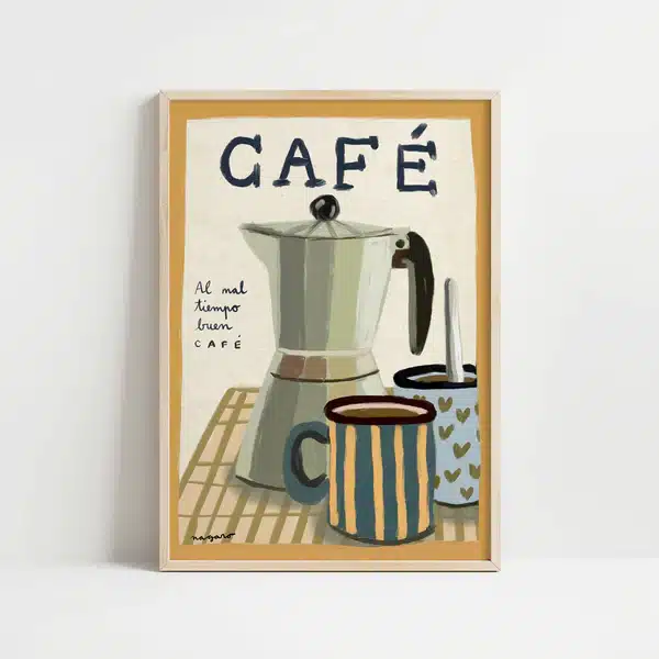 La lámina ilustrada “Lámina Al mal tiempo buen café” es de esas piezas que entran por los ojos y se quedan a vivir en la pared.