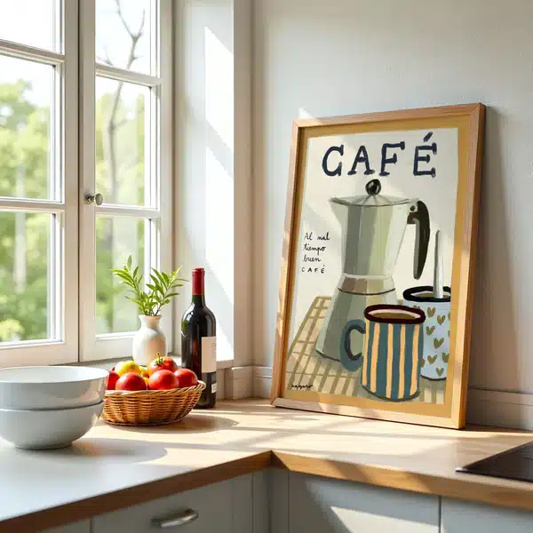 La lámina ilustrada “Lámina Al mal tiempo buen café” es de esas piezas que entran por los ojos y se quedan a vivir en la pared.