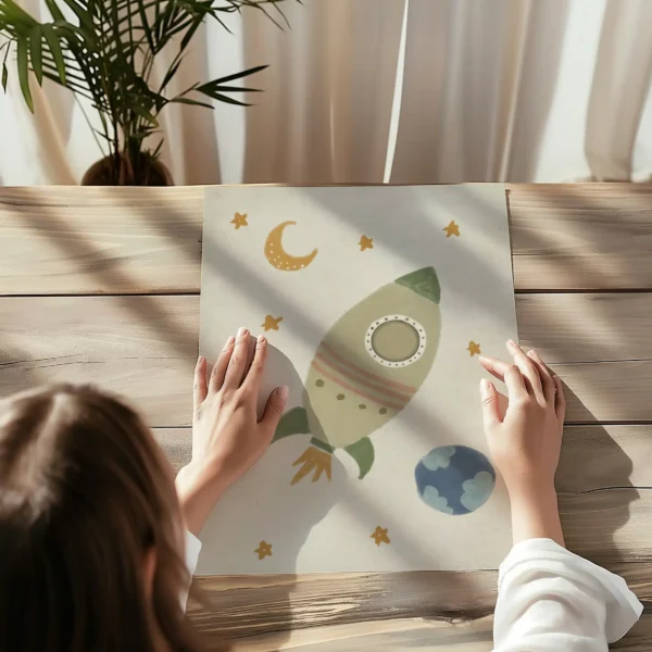 Lámina infantil “Cohete” en tamaño A3, con colores vibrantes y estilo fresco.