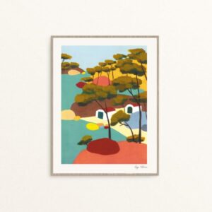 Esta lámina ilustrada de Olga Molina destaca por su estilo fresco y lleno de personalidad, donde el color y las formas simples crean composiciones que transmiten calma y belleza cotidiana.