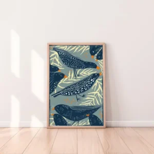 La lámina ilustrada “Pájaros y flores blancas”