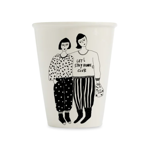Vaso de cerámica Helen b con ilustración Me quedo en casa. Original, resistente y apto para lavavajillas.