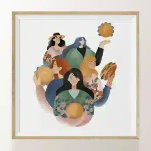 Lámina Pandereteiras, ilustración que pertenece a una colección donde se explora un nuevo estilo, nuevos trazos y nuevos colores.